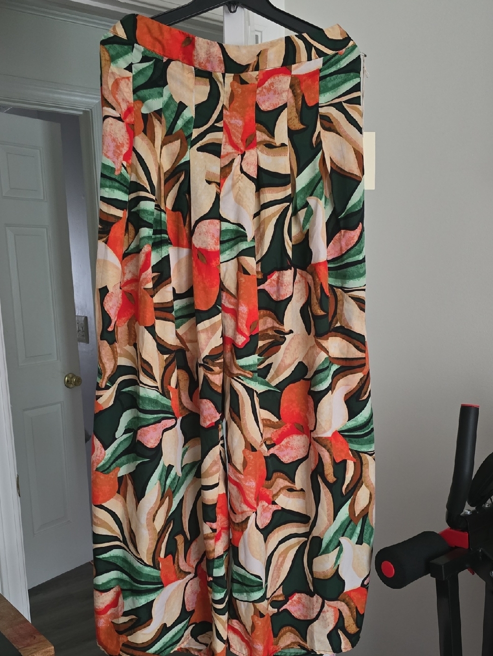 Tropical Floral Wide-Leg Palazzo Pants - Green, Orange, Cream